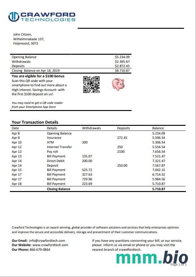 Holandia (Holandia) wyciąg bankowy Crawford Technologies łatwy do wypełnienia szablon w formacie Excel i PDF